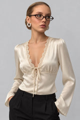 Blusa Cetim Com Renda Manga Longa Diya