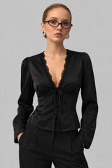 Blusa Cetim Com Renda Manga Longa Diya