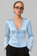 Blusa Cetim Com Renda Manga Longa Diya