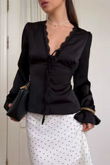 Blusa Cetim Com Renda Manga Longa Diya
