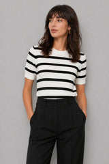 Blusa Feminina Listrada Manga Curta Tricot Modal
