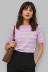 Blusa Feminina Listrada Manga Curta Tricot Modal