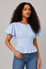 Blusa Feminina Peplum Azul Manga Borboleta Joici