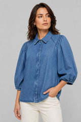 Camisa Jeans Feminina Manga 3/4 Bufante Joi