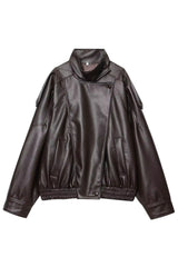 Jaqueta De Couro Gola Alta Marrom Feminina Zazy