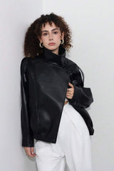 Jaqueta De Couro Gola Alta Preta Feminina Zazy