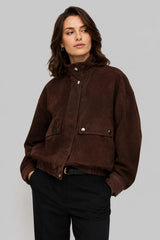 Jaqueta Feminina Suede Marrom Gola Alta Ceci