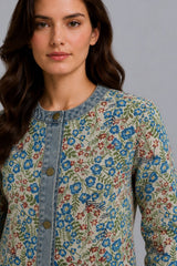 Jaqueta Jeans Feminina Estampada Gola Padre Flowers