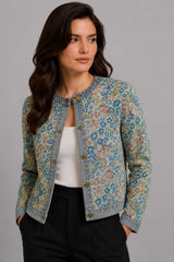 Jaqueta Jeans Feminina Estampada Gola Padre Flowers
