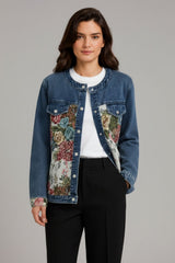 Jaqueta Jeans Feminina Estampada Gola Padre Roses Two