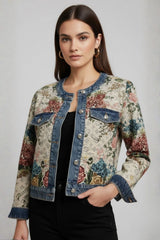 Jaqueta Jeans Feminina Estampada Gola Padre Roses