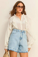 Short Jeans Claro Feminino Desfiado Yva