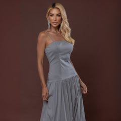 Vestido Longo Elegante Tricoline Cinza Mary