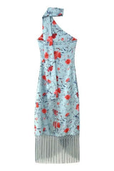 Vestido Midi Cetim Gola Alta Halter Franjas Floral