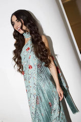 Vestido Midi Cetim Gola Alta Halter Franjas Floral