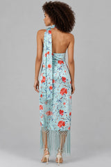 Vestido Midi Cetim Gola Alta Halter Franjas Floral