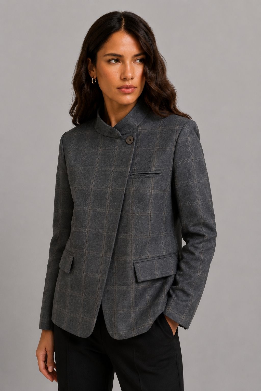 Blazer Feminino Alfaiataria Xadrez Gola Alta Joice