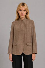 Blazer Feminino Alfaiataria Xadrez Marrom Gola Alta Joice