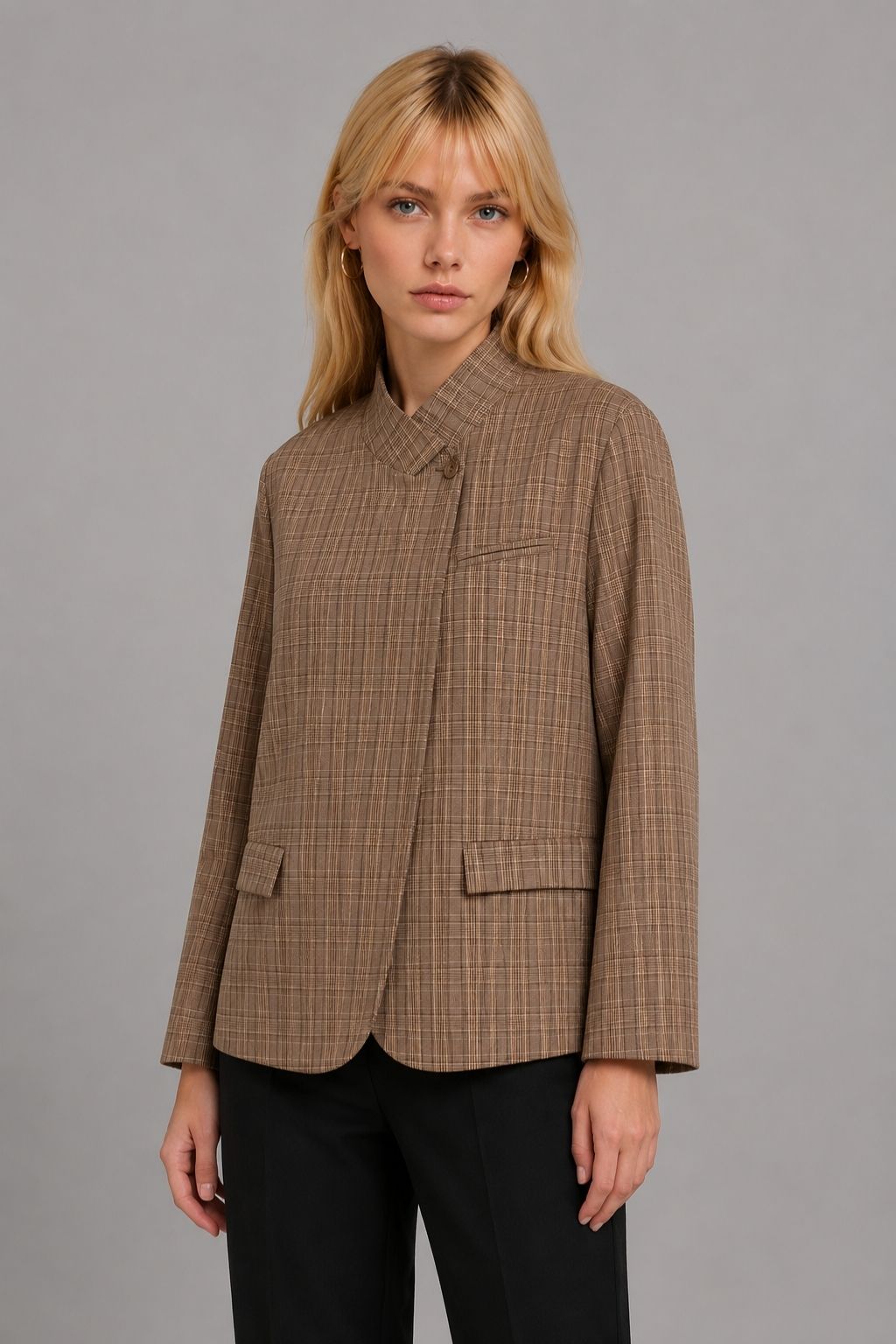 Blazer Feminino Alfaiataria Xadrez Marrom Gola Alta Joice