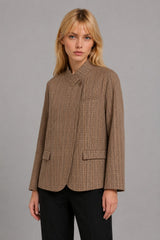 Blazer Feminino Alfaiataria Xadrez Marrom Gola Alta Joice