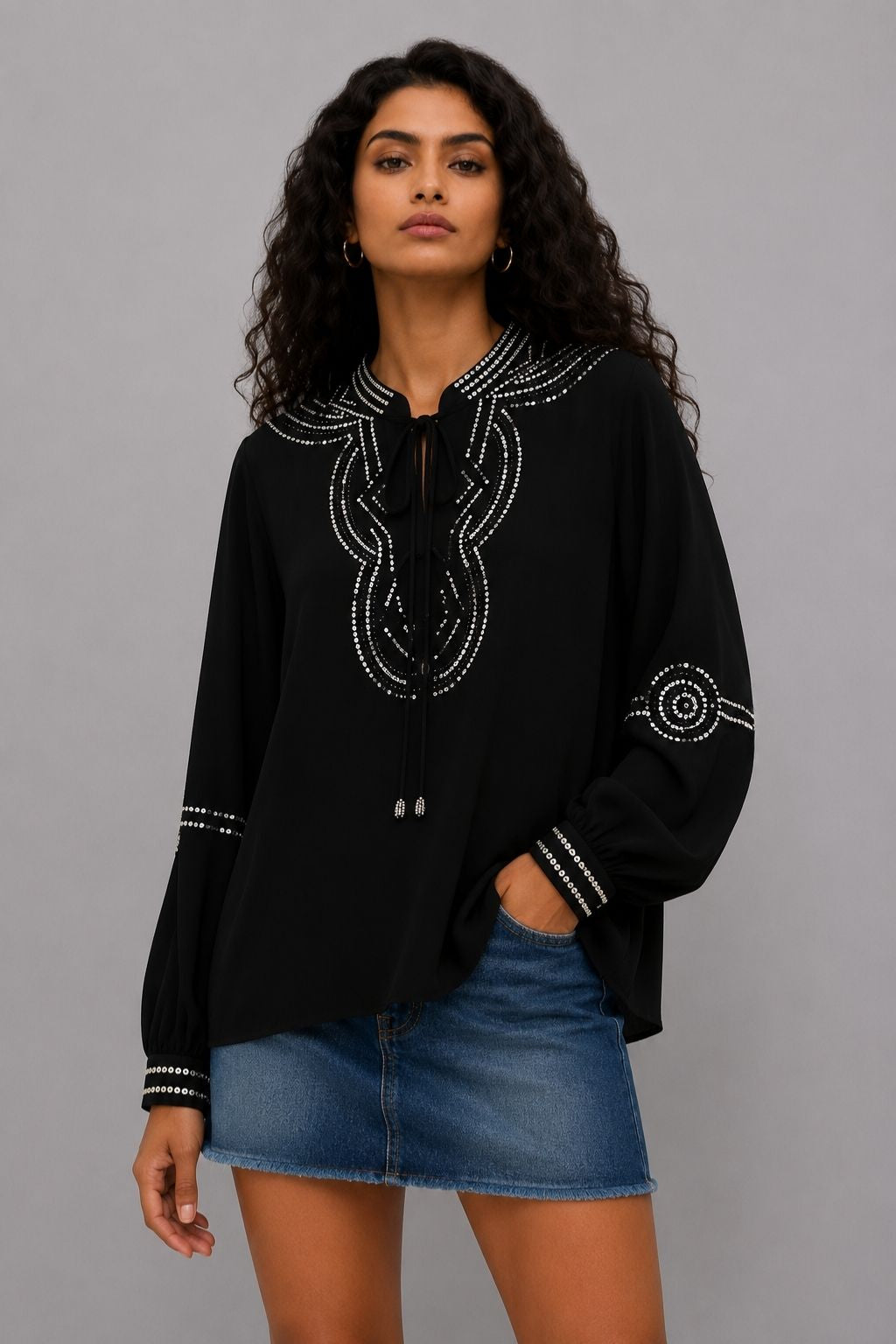 Blusa Bata Feminina Boho Chic Preto Anita