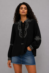 Blusa Bata Feminina Boho Chic Preto Anita