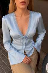 Blusa Cetim Com Renda Manga Longa Diya