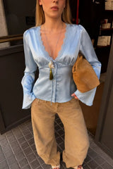 Blusa Cetim Com Renda Manga Longa Diya