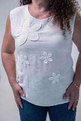 Blusa De Linho Feminina Branca Bordada Flor