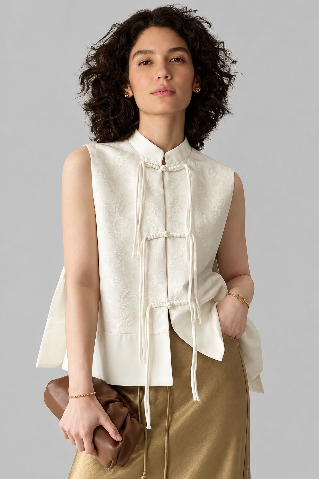 Blusa Feminina Jacquard Fecho Nó Tang Chinês