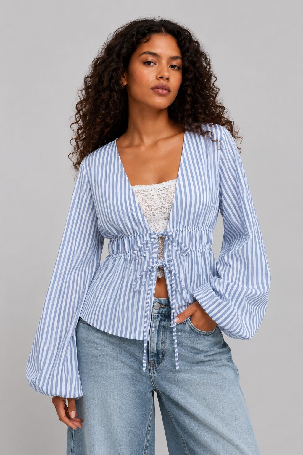 Blusa Feminina Listrada Manga Bufante Mani