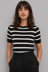 Blusa Feminina Listrada Manga Curta Tricot Modal