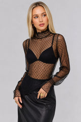 Blusa Feminina Renda Tule Manga Longa Poá