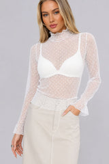 Blusa Feminina Renda Tule Manga Longa Poá