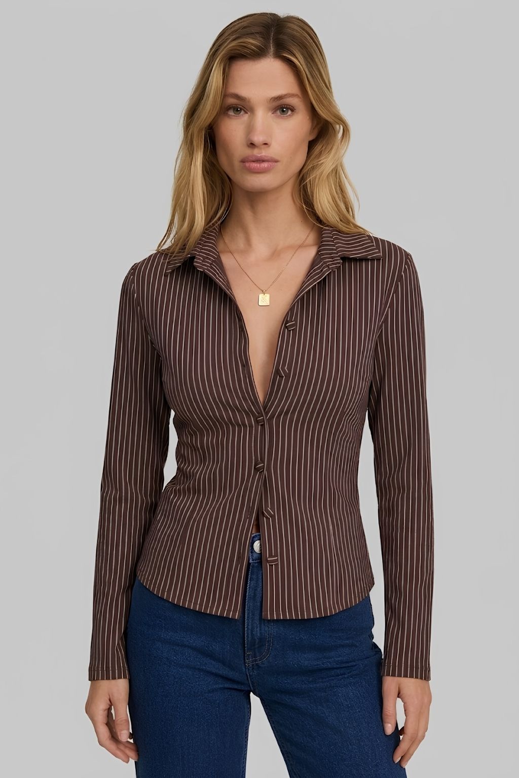 Camisa Social Feminina Marrom Listrada Coffe