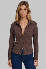 Camisa Social Feminina Marrom Listrada Coffe