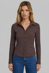 Camisa Social Feminina Marrom Listrada Coffe