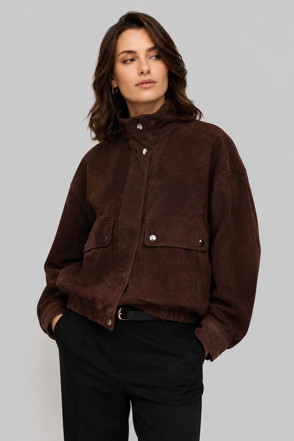 Jaqueta Feminina Suede Marrom Gola Alta Ceci