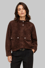 Jaqueta Feminina Suede Marrom Gola Alta Ceci