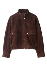 Jaqueta Feminina Suede Marrom Gola Alta Ceci