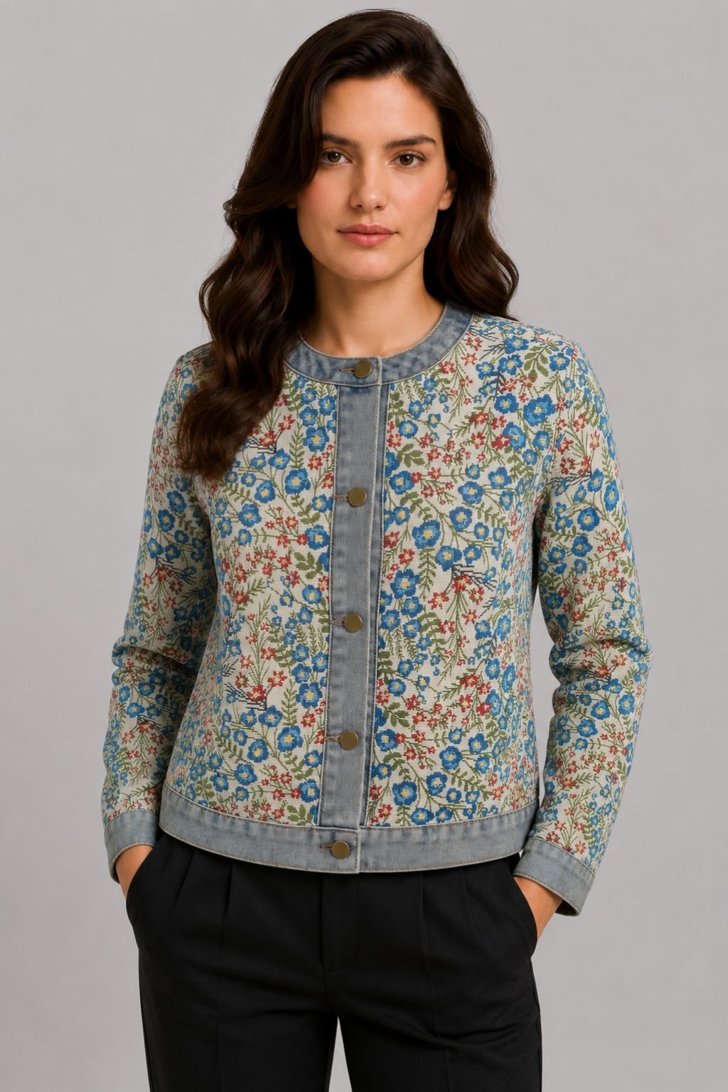 Jaqueta Jeans Feminina Estampada Gola Padre Flowers