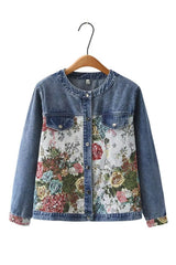 Jaqueta Jeans Feminina Estampada Gola Padre Roses Two
