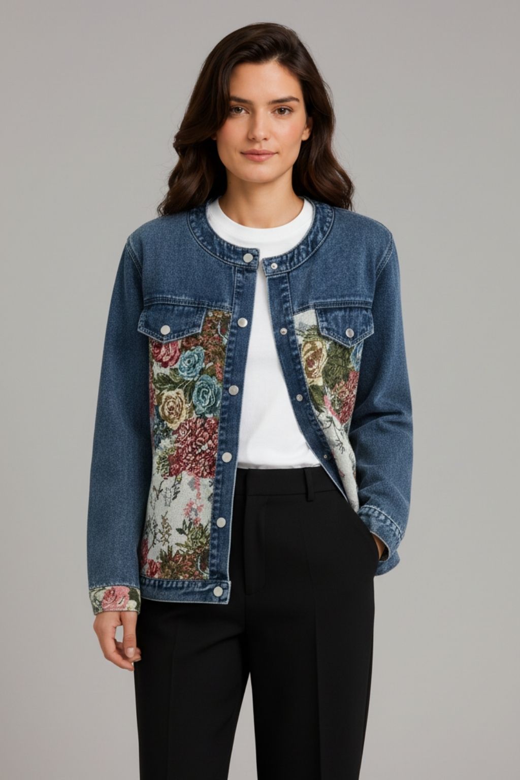 Jaqueta Jeans Feminina Estampada Gola Padre Roses Two