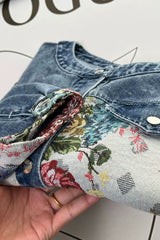Jaqueta Jeans Feminina Estampada Gola Padre Roses Two