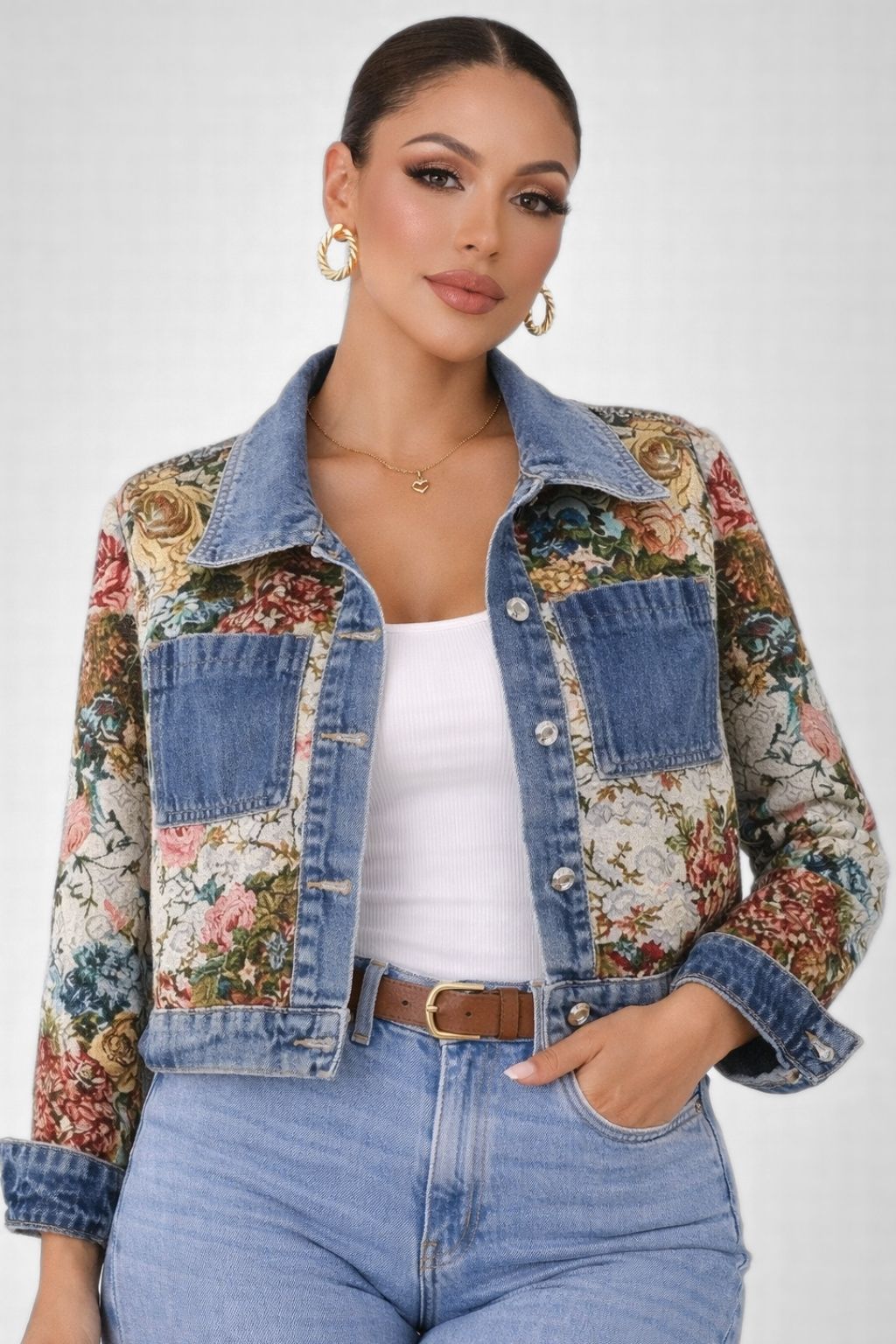 Jaqueta Jeans Feminina Estampada Roses