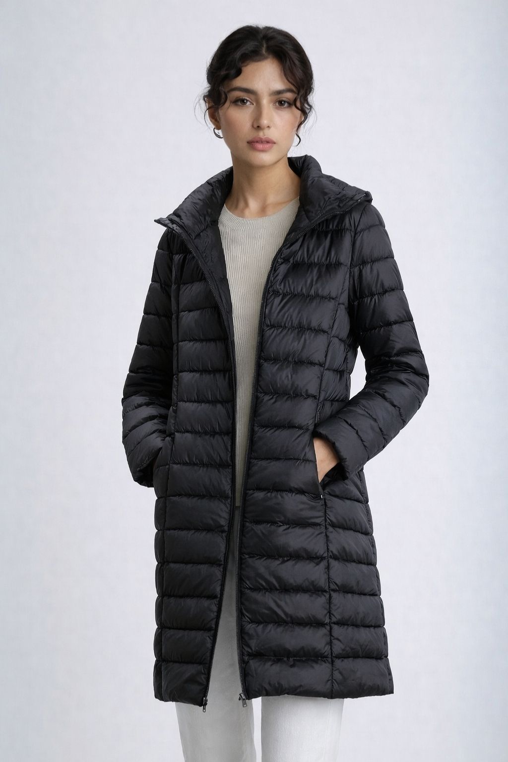 Jaqueta Puffer Feminina Alongada Pluma de Ganso FLASH