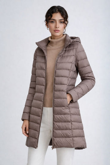 Jaqueta Puffer Feminina Alongada Pluma de Ganso