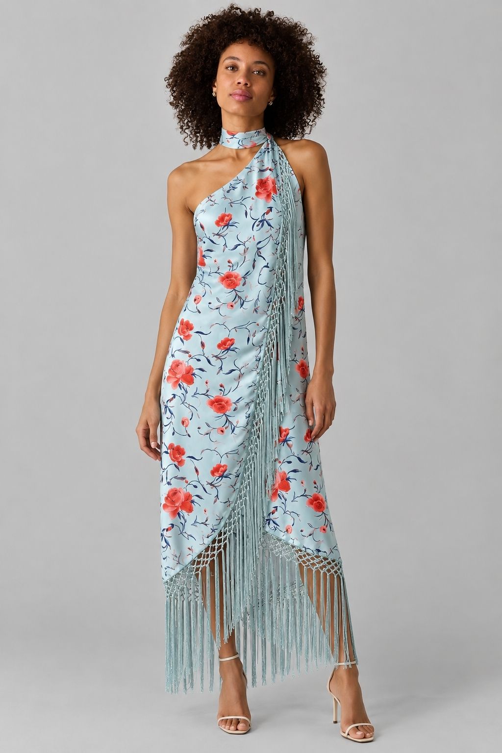 Vestido Midi Cetim Gola Alta Halter Franjas Floral