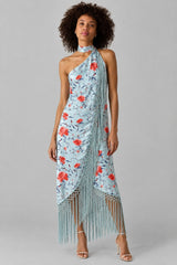 Vestido Midi Cetim Gola Alta Halter Franjas Floral